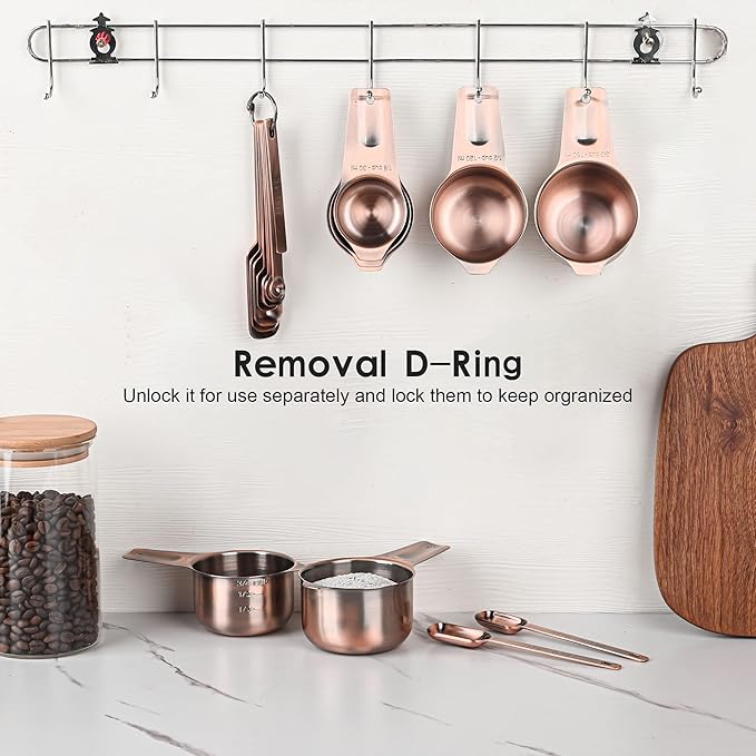 Copper Measuring Spoons Set, Stainless Steel Narrow Measuring Spoons Set, Heavy Duty Metal Measuring Spoon with Long Handle, Engraved Metric&US Measure Spoon with Leveler, Easily Fit Spice Jars