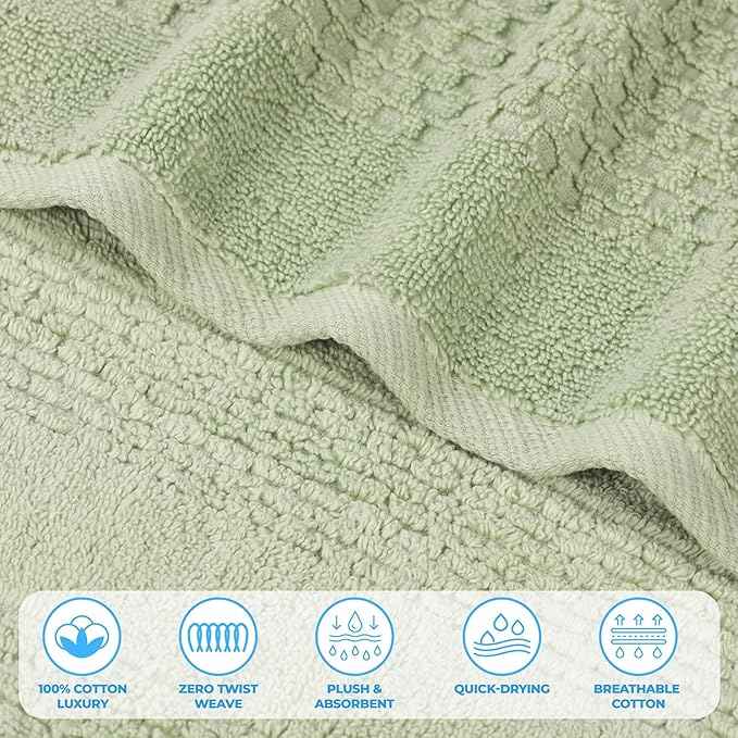 Superior Playa Zero Twist Cotton Medium Weight Towels, For Kitchen, Bathroom, Shower, Spa, Plush, Quick Dry, Ultra-Soft Towels, Bath Essentials, Waffle Textured, Absorbent Hand Towels, Set of 6, Green