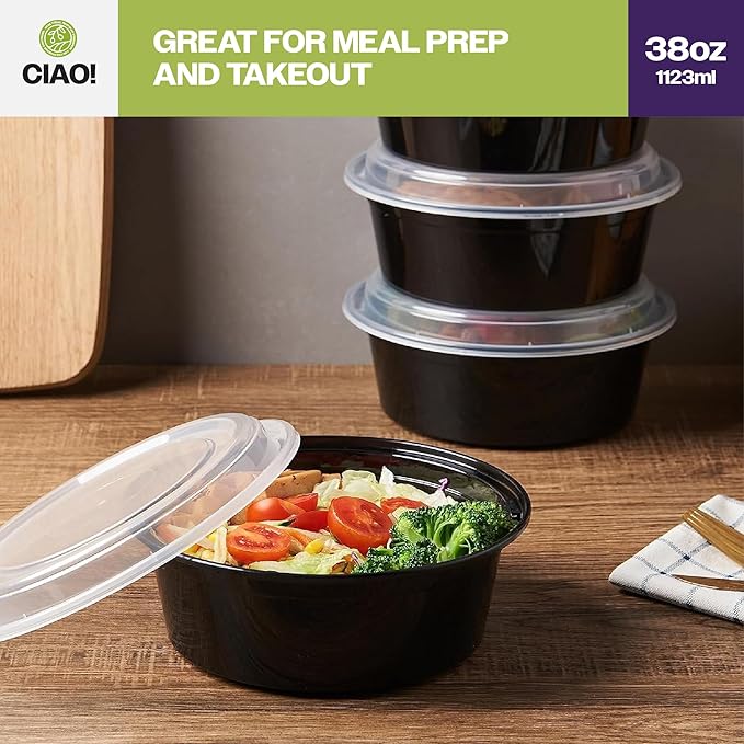 CIAO! Heavy Weight 38oz Injection Molded Microwavable Black Round Food Container with Lid (150/case)