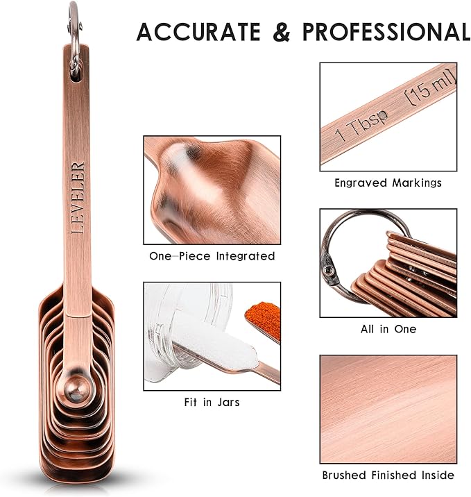 Copper Measuring Cups and Spoons Set 17, Stainless Steel Measuring Cups and Spoons for Dry & Liquid, Metal 7 Measure Cup and 9 Measure Spoon with 1 Leveler for Kitchen & Baking