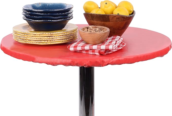 Yourtablecloth Heavy Duty Vinyl Round Fitted Tablecloth (Table Cover) with Flannel Backing Vibrant Colors Elasticized Tablecloth Great for Indoor and Outdoor Dining and Playing Cards 60” Ruby Red