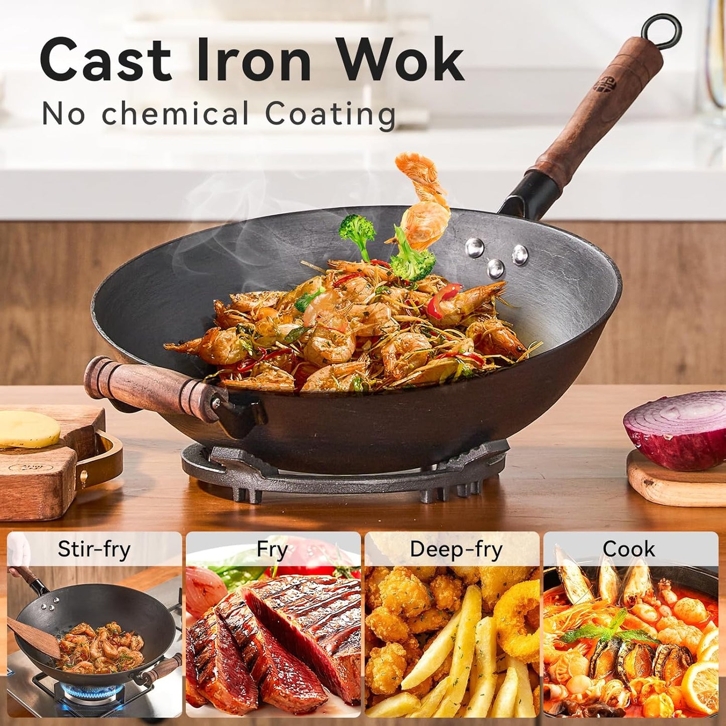 WANGYUANJI Cast Iron Wok,14.1 inch Flat Bottom Wok with Glass Lid,Suitable for All Cooktops, Uncoated Craft Pot Healthy Cooking Pot