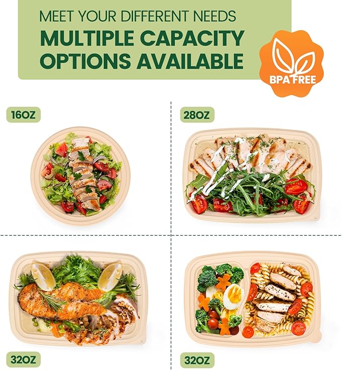 100 Piece (50 Pack) Meal Prep Containers with Lids, 28 oz Cornstarch Food Storage Containers Plant-based Lunch Box for Salad,BPA Free Plastic Take Out Containers Microwave and Freezer Safe