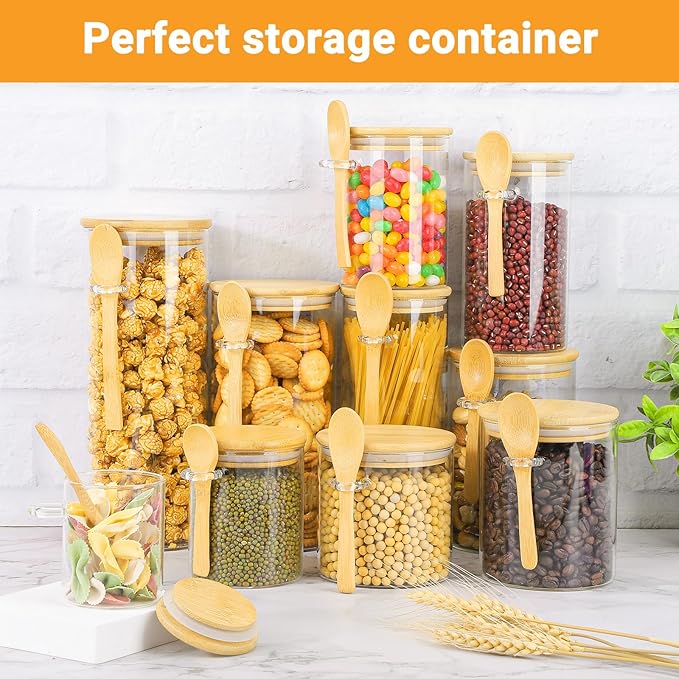 Glass Jars with Bamboo Lids and Spoon - 6 Pack 26 Fl.oz Round Glass Canister with Airtight Lid, Includes Labels and Marker, Flour Sugar Containers Jar for Loose Tea, Cereal, Coffee Bean, Cookie