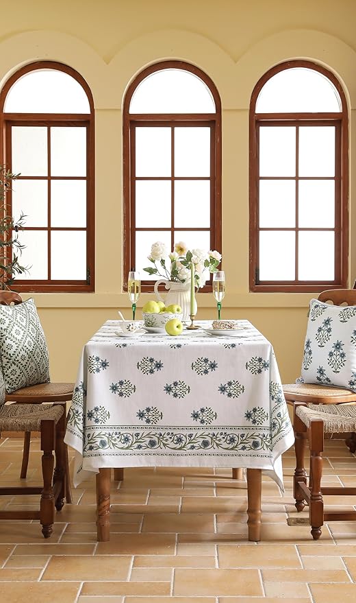 ISAENNE Designer White Linen Long Tablecloth Rectangle,Chinoiserie Floral Elegant Indoor Table Cloth,Fall Stain Proof Decor Tablecloths for Dining Thanksgiving Kitchen,63"*102"-Mosella F