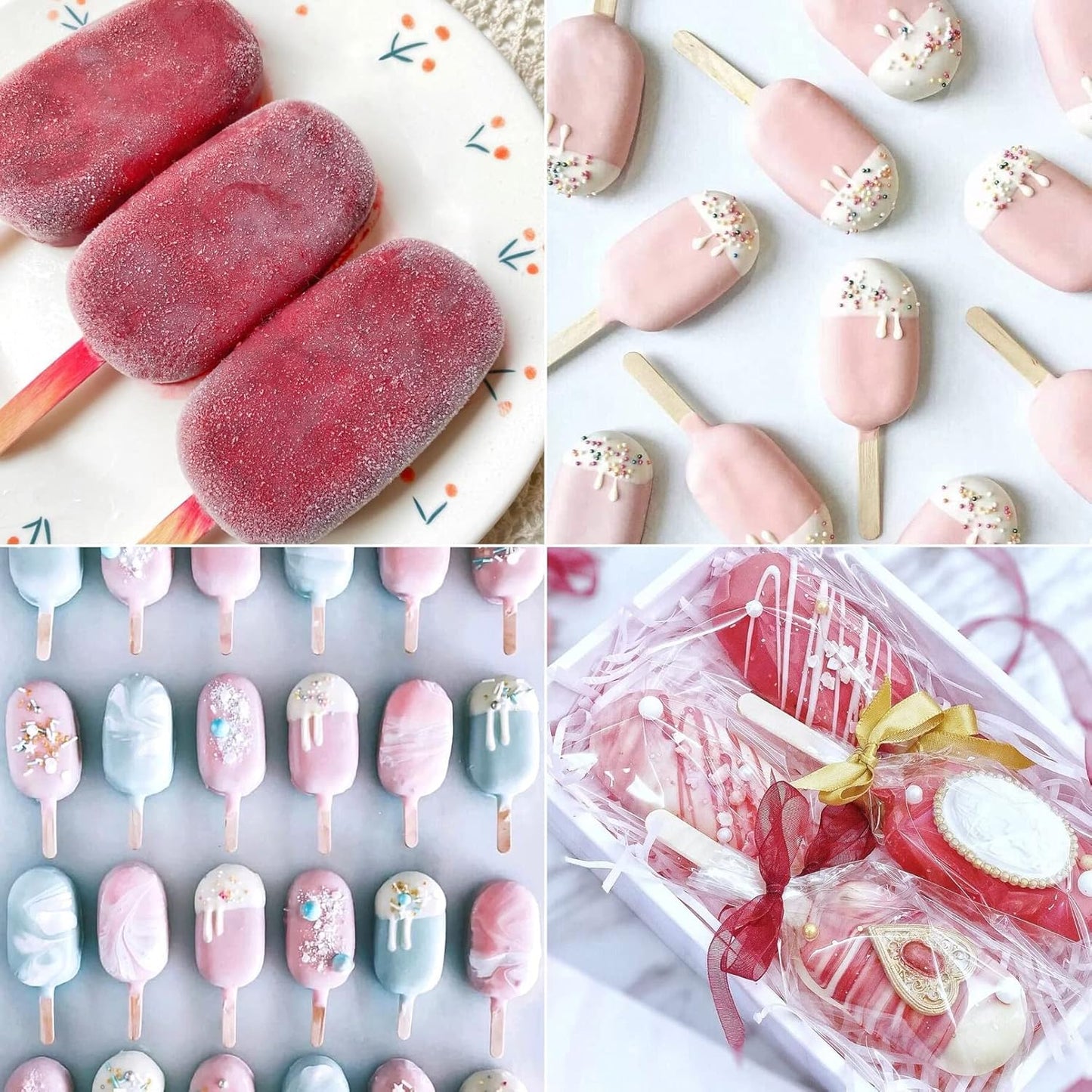 Ozera 2 Pack Popsicles Molds, Homemade Cake Pop Molds Cakesicle Molds Silicone Popcical Molds, 4 Cavities Ice Pop Cream Molds Maker with 50 Wooden Sticks & 50 Popsicle Bags for DIY Popsicles