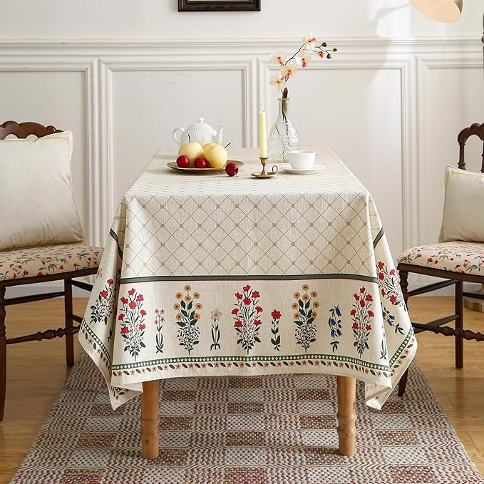 ISAENNE Designer Vintage Linen Floral Table Cloth for Rectangle Table,Fall Colorful Modern Tablecloth,Anti-Wrinkle Decor Tablecloths for Dining Thanksgiving Kitchen,55"*79"-Bertina E