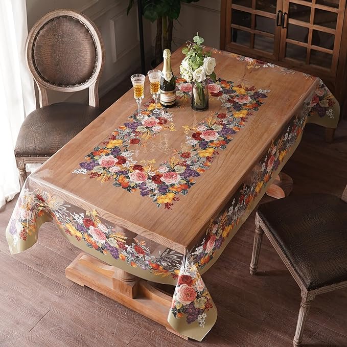 Clear Table Cover Protector Vinyl PVC Rectangle Table Cloth Oil Spill Proof Plastic Tablecloths for Dining Tables Parties Holidays (Floral Fruit, 60 x 84 Inches)