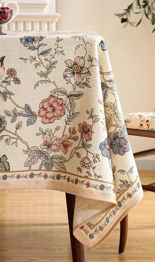 ISAENNE Designer French Light Beige Square Tablecloth,Linen Florals and Birds Pattern Table Cloth,Anti-Wrinkle Decorative Tablecloths for Dining Thanksgiving Kitchen Party,67"*67"-Cornucopia