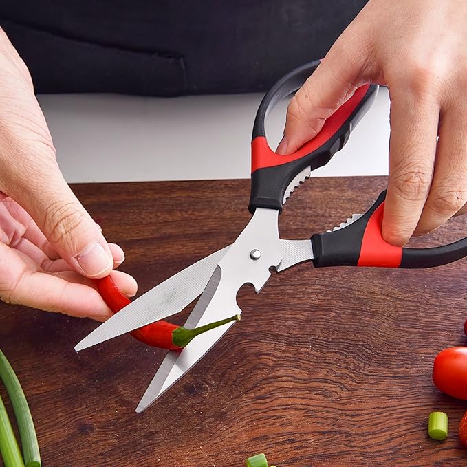 Multipurpose kitchen scissors, heavy duty meat poultry scissors, spice scissors, food cooking scissors, stainless steel utility scissors (2, red)