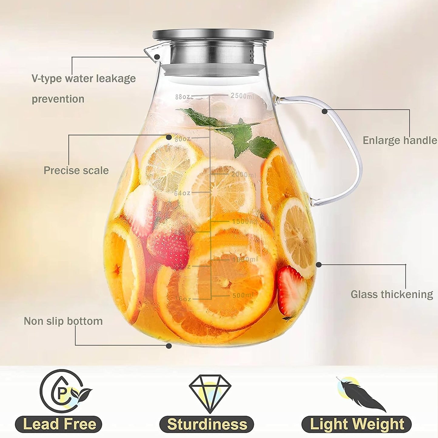 Glass Pitcher with Lid,88 Ounces -2500ml with Precise Scale Line, Hot/Cold Water Jug, Juice and Iced Tea Beverage Carafe with Lid