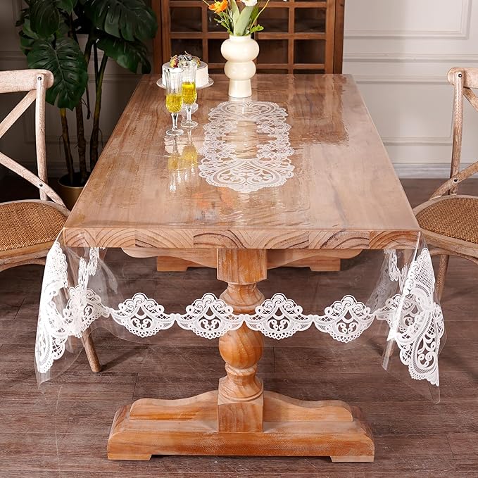 Clear Table Cover Protector Vinyl Table Cloth Rectangle Oil Spill Proof Vintage Rustic Plastic Table Covers for Dining Tables (White Lace, 60 x 104 Inches)