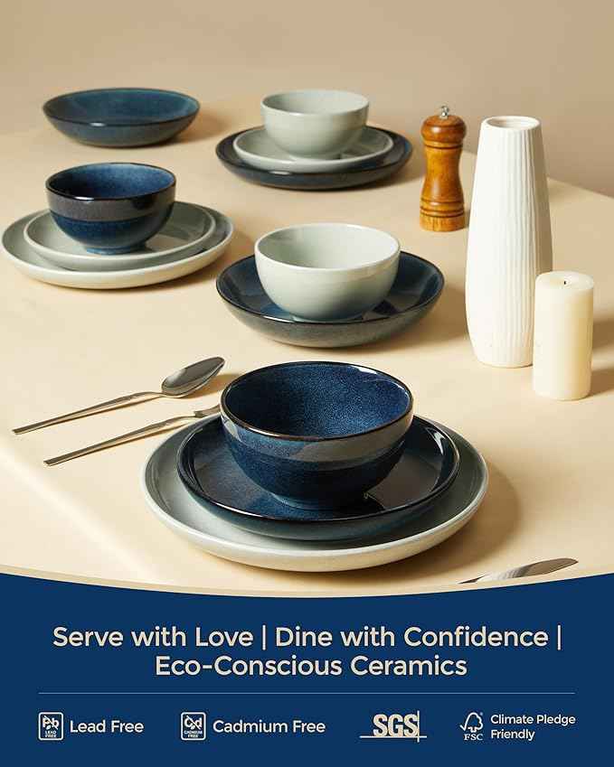 16 Piece Double Bowl Dinnerware Sets with Pasta Bowls, Highly Chip and Crack Resistant Plates and Bowls Sets, Natural Earthyware Ceramic Dishware Sets, Service for 4 Starry Blue