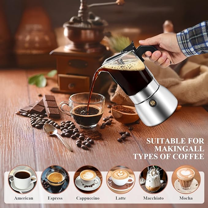 Moka Pot Stovetop Espresso Maker, Crystal Glass-Top & 304 Stainless Steel Italian Coffee Brewer, 300ml 6-Cup Espresso Pot for Home & Camping, Silver