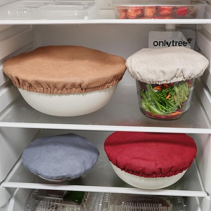 100% Pure Linen Bowl Covers For Bread Proofing, 4 Pcs Elastic Reusable Solid Color Cloth Fabric Bowl Covers,XL Organic Washable Large Stretch Sourdough Lids 6 * 8 * 10 * 12 Inches, Red