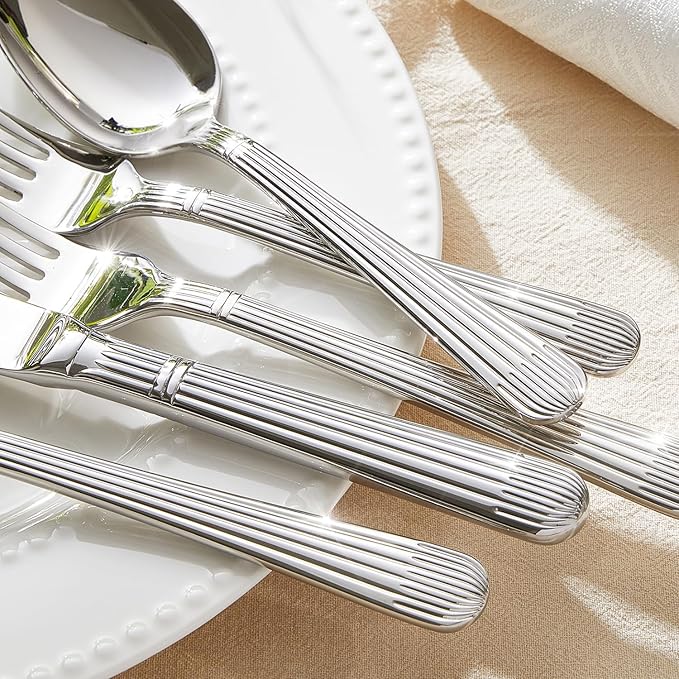 KINGSTONE 20-Piece Silverware Set, 18/10 Stainless Steel Flatware Set - Luxury Elegant Striped Cutlery with Dishwasher Safe, Durable for Family Dining, Catering, Weddings, Anniversaries Gift