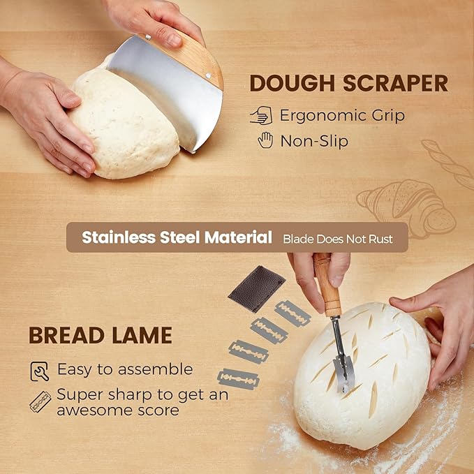 Banneton Bread Proofing Basket - Sourdough Starter Kit Banneton Sourdough Proofing Basket Set of 2, Sourdough Bread Baking Supplies for Making Baking Fermentation (10" Oval Set of 2, 6 Accessories)