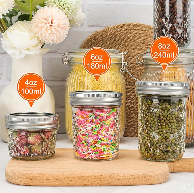 CycleMore Mason Jars 8 oz, 24 Pack Canning Jars with Airtight Lids and Bands, Half Pint Canisters Ideal for Fermenting, Jam, Honey, Pickling, Wedding/Shower Favors, DIY Decors
