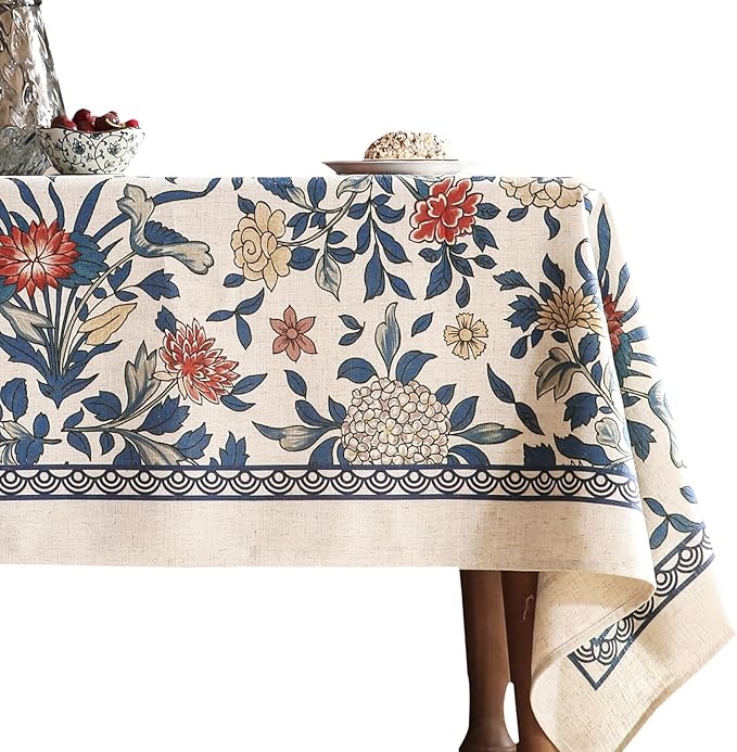 patdrea Designer Blue Tablecloth for Square Table,Vintage Linen with Leaves and Floral Pattern Tablecloths,Farmhouse Floral Decor Cover for Kitchen Dining Christmas,Thanksgiving,67"x67"-Ivar a
