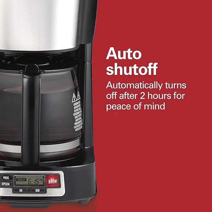 Hamilton Beach 5 Cup Drip Coffee Maker with Easy FrontFill Basket, Compact Design, Programmable Clock, Glass Carafe, Auto Pause and Pour, Black & Stainless Steel (46111)
