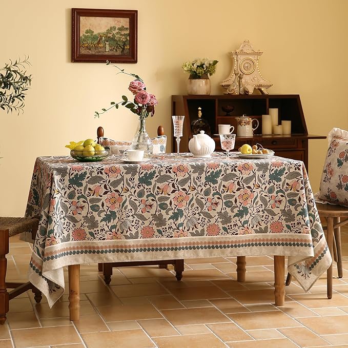 ISAENNE Designer Boho Floral Small Square Tablecloth,Linen Lotus Flower Pattern Colorful Indoor Table Cloth,Durable Decor Tablecloths for Dining Thanksgiving Kitchen Christmas,55"*55"-Hazel A