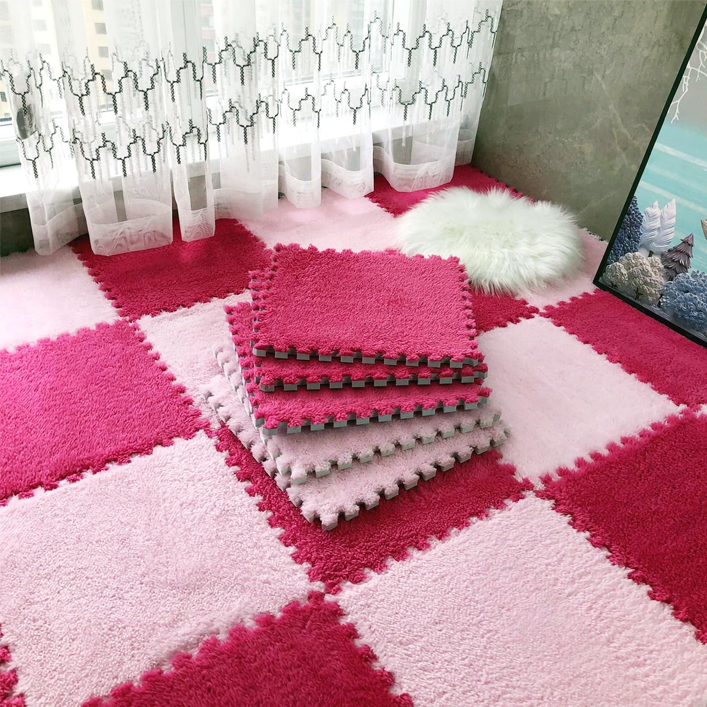 easycustomerlee 12pcs Interlocking Carpet Shaggy Soft EVA Foam Mats Fluffy Rugs Protective Floor Tiles Play Mats for Children Kids Room Home Parlor Bedroom(Rose)