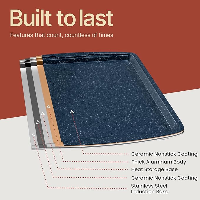 BAKKEN Kitchen Baking Pan Set - Nonstick Coating, Commercial Grade Carbon Steel Bakeware Sets, Baking Kitchen Essentials, PFOA, PFOS, PTFE Free, Oven Safe Tray (Up To 450° F), Set of 3, Blue Marble