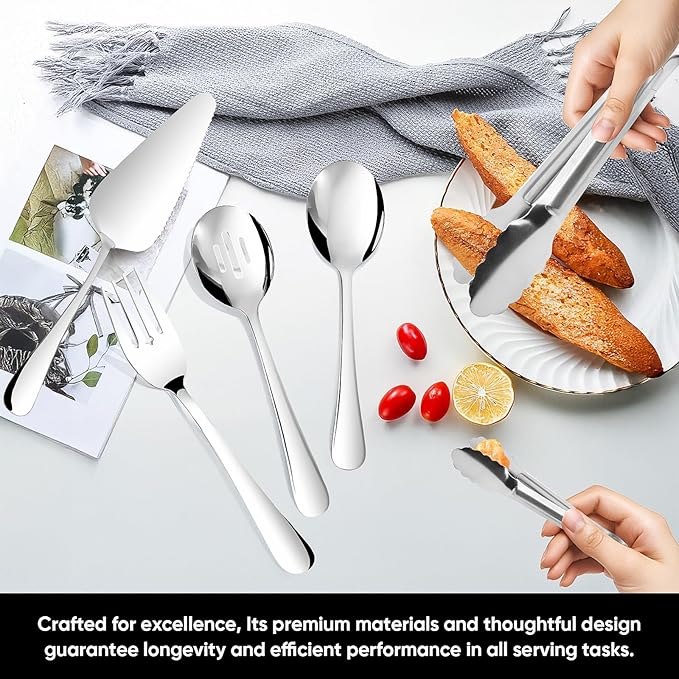 14PCS Serving Utensils - Hostess Serving Utensils Set, Premium Stainless Steel 8.7 inch Serving Utensils, Slotted Spoons, Fork, Tongs, Cake Pie Server for Buffet, Wedding, Dinner (Silver)