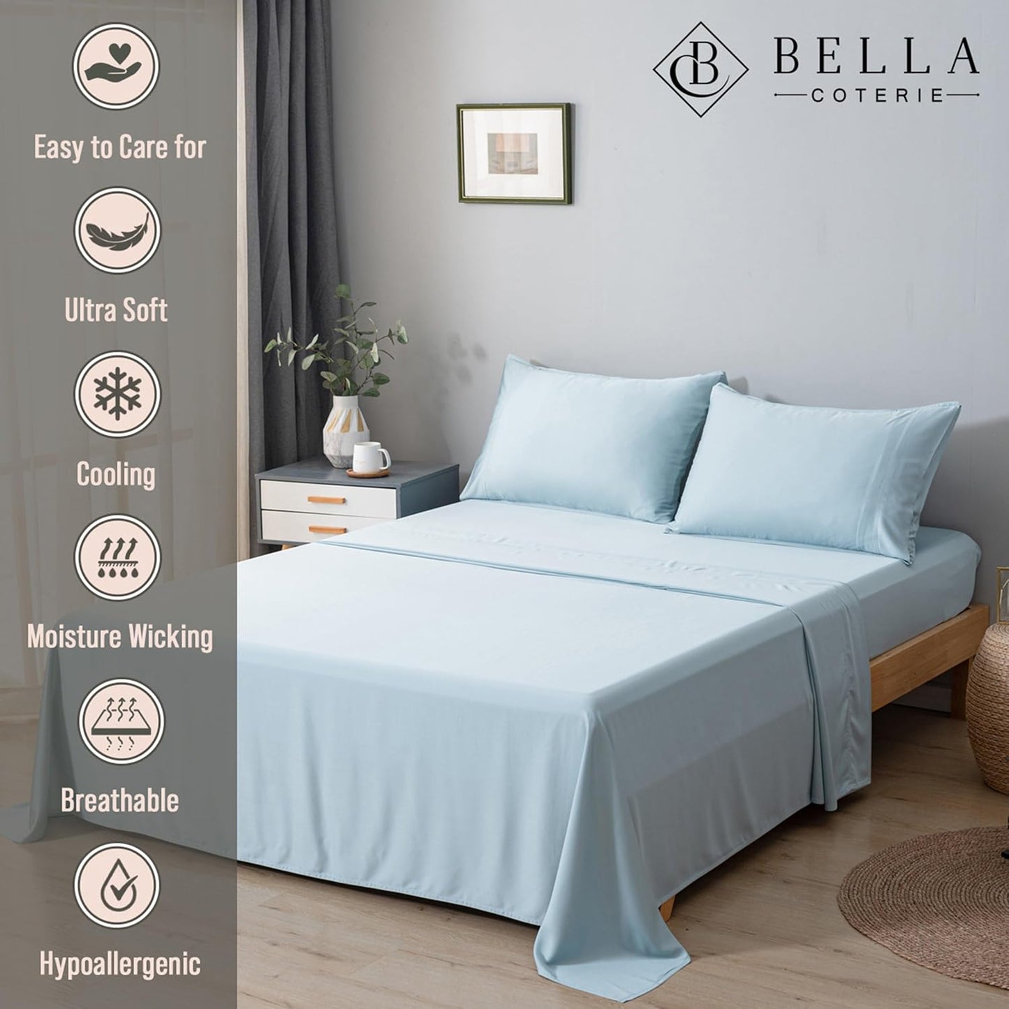 Bella Coterie Luxury Bamboo Viscose Twin XL Size Sheet Set | 100% Organically Grown | Ultra Soft | Cooling for Hot Sleepers | 18" Deep Pocket [Coastal Blue]