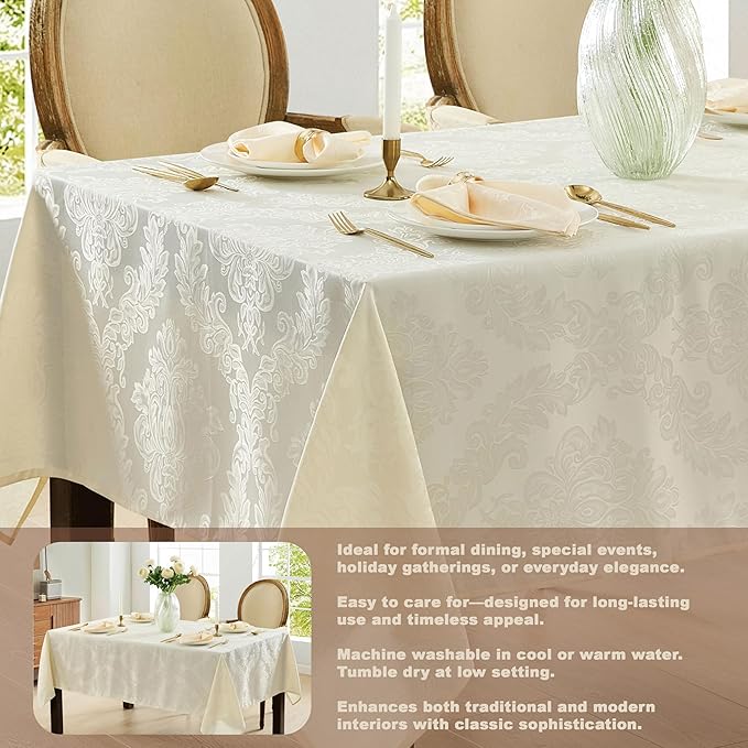 Newbridge Barcelona Luxury Damask Fabric Tablecloth, 60” Wide x 120” Rectangle, Antique White, 100% Polyester, No Iron, Soil Resistant Dining Room, Party and Banquet Table Cover