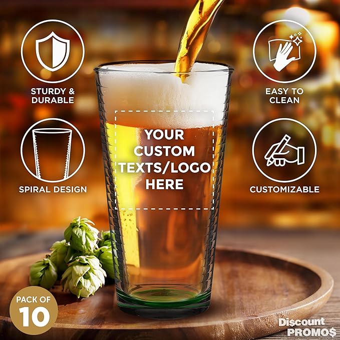 Custom Spiral Pint Glass 16 oz. Set of 10, Personalized Bulk Pack - Beer Glasses, Heavy Duty Drinkware - Green