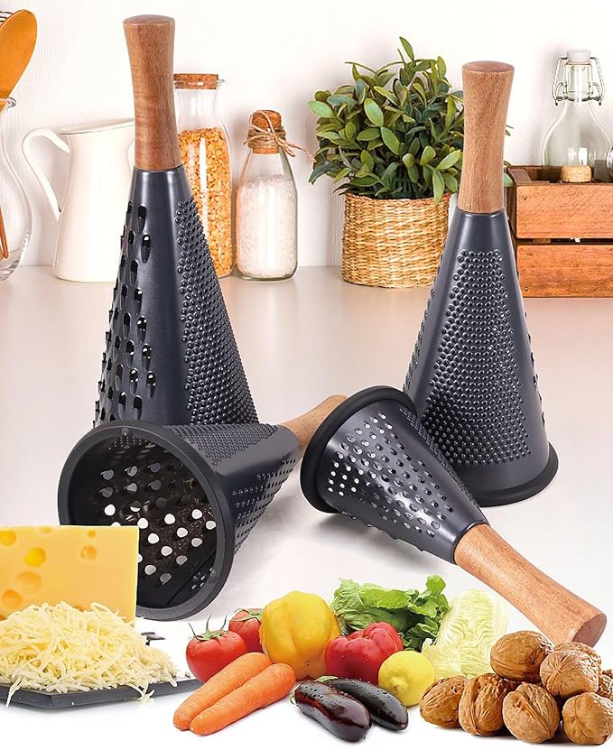 Cone Cheese Grater with Handle Stainless Steel Grater Triple Function Wood Handle Shredder Non-Slip Rubber Bottom Hand Held Multifunction Vegetables Grater Black 4-Size (Size L: 10.6" X 4.7" Black)
