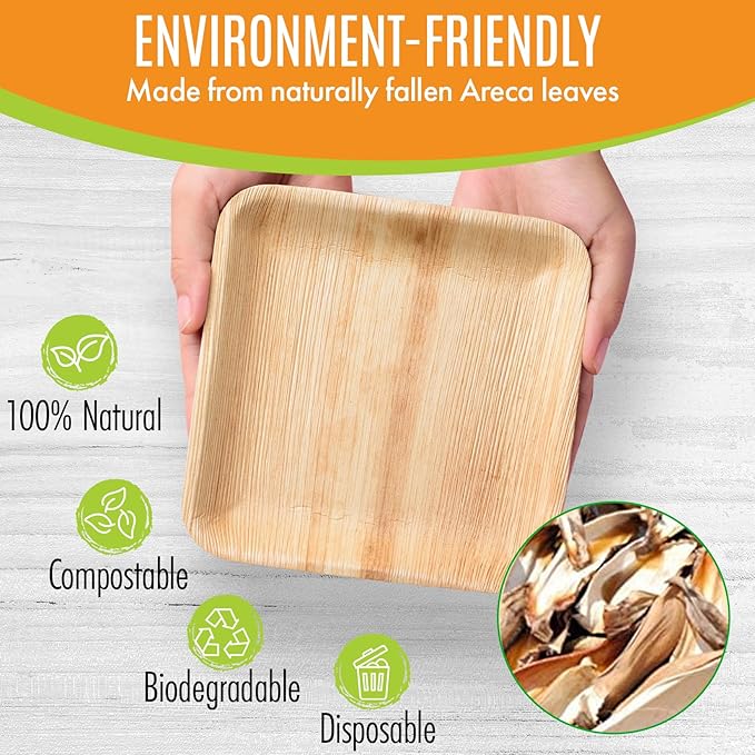 Raj Palm Leaf Plates Bulk [50-Pack] 10" & 7" Square Plates (40 CASES - 2000 PACK) like Bamboo plates Disposable, Strong, Decorative Compostable Tableware for weddings, Lunch, Dinners