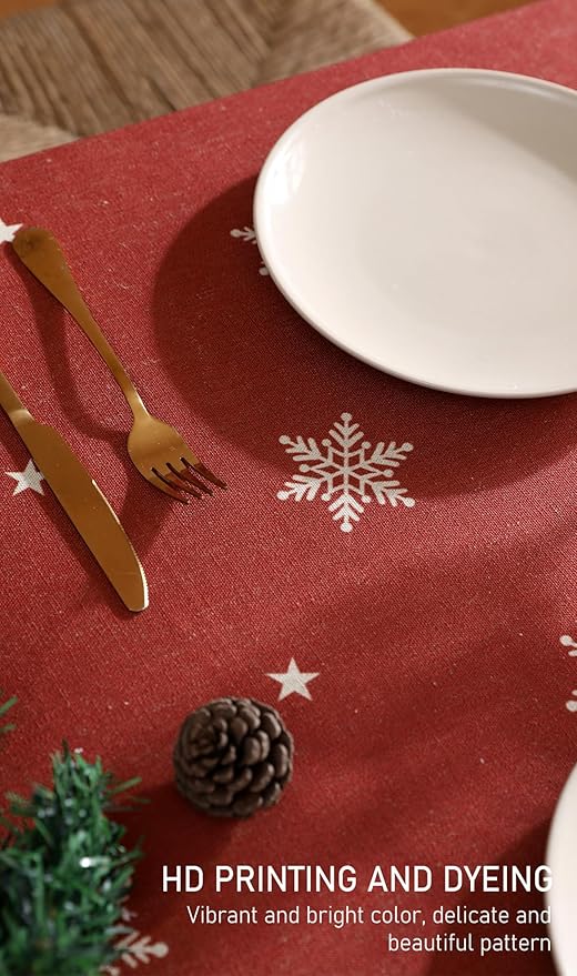ISAENNE Designer Christmas Red Square Tablecloth,Linen Table Cloth with Snowflakes Pattern,Wrinkle Resistant Decor Tablecloths for Dining Kitchen Thanksgiving Christmas,67"*67"-Carol C