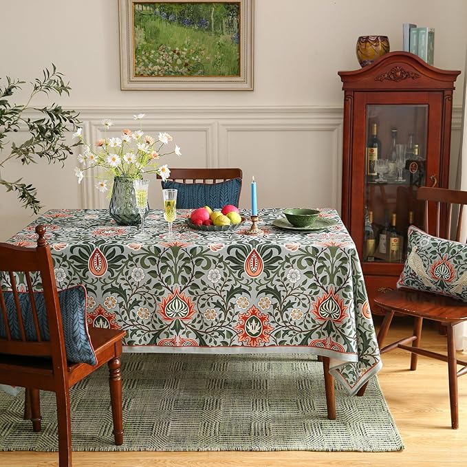 ISAENNE Designer Bohemian Linen Green Extra Long Rectangle Tablecloth,Floral Indoor Table Cloth,Stain Resistant Decor Tablecloths for Dining Thanksgiving Kitchen Party Christmas,67"*118"-Naples