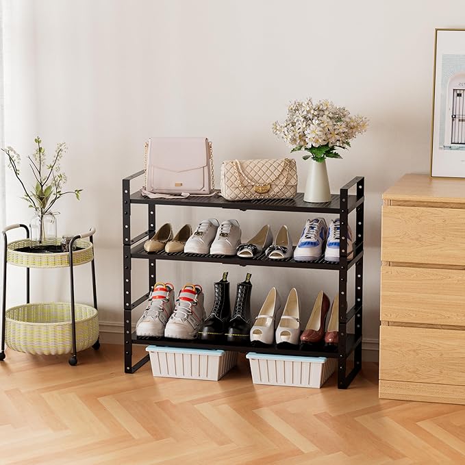 Expandable Stackable Aadjustable Shoe Rack Pantry Shelf for Kitchen Cabinets Counter Shelves Countertop Cupboard Storage Solution,Sturdy Heavy-Duty Metal Construction(3Packs/Black/Large)