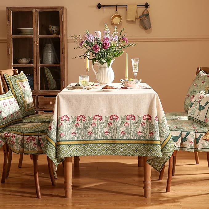 patdrea Designer Linen Green Tablecloth for Rectangle Table,Vintage Leaves Pattern Durable Table Cloth,Floral Decor Cover for Kitchen Dining,Christmas,Thanksgiving,Party,55"x87"-Cecilia D