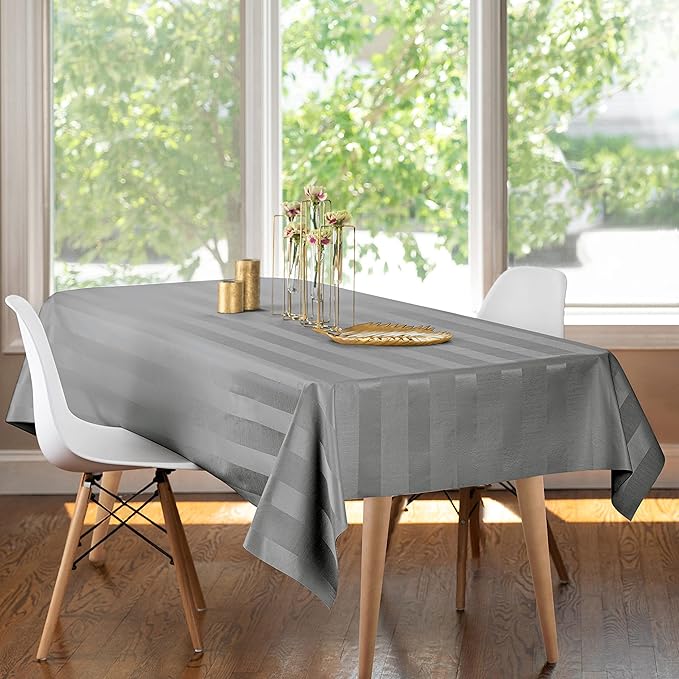 Luxury Table Protector Pad, 2 in 1 Table pad + Great Looking Tablecloth - Heat Resistant, Spill & Stain Proof - Flannel Backing (54x108, Silver - Silk Stripe)