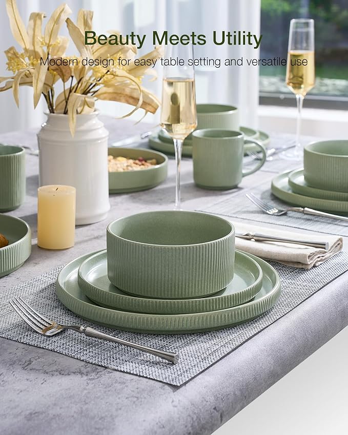 Famiware Star 24-Piece Stoneware Dinnerware Sets for 6 - Shallow Pasta Bowls & Flat Plates, Modern Rustic Reactive Glaze Dishes, Chip & Scratch Resistant, Microwave & Dishwasher Safe, Matte Sage Green