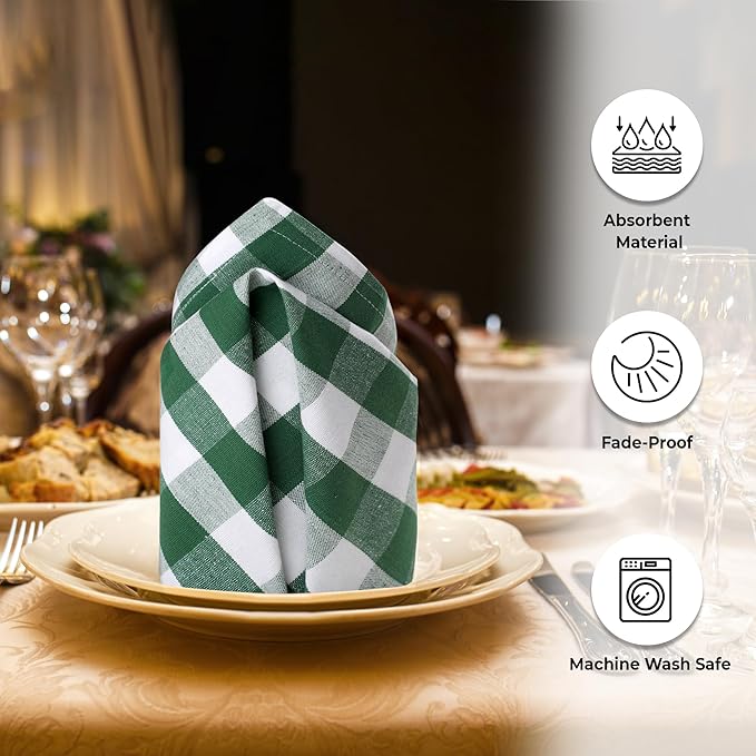Urban Villa Cotton Dinner Napkins Set of 12, Highly Absorbent Soft Premium Cloth Napkins 20x20 Inches, Hotel Quality Reusable & Washable Table DinnerNapkins for Home -(Hunter/White, Buffalo Checked)
