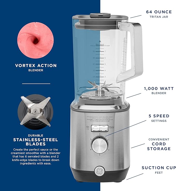 GE 5-Speed Blender + (2) 16 Ounce Blender Cups | Kitchen Essentials for Shakes, Smoothies & More | Large 64 oz Tritan Jar, 8-10 Servings | Stainless Steel Blades & Exterior Finish| 1000 Watts