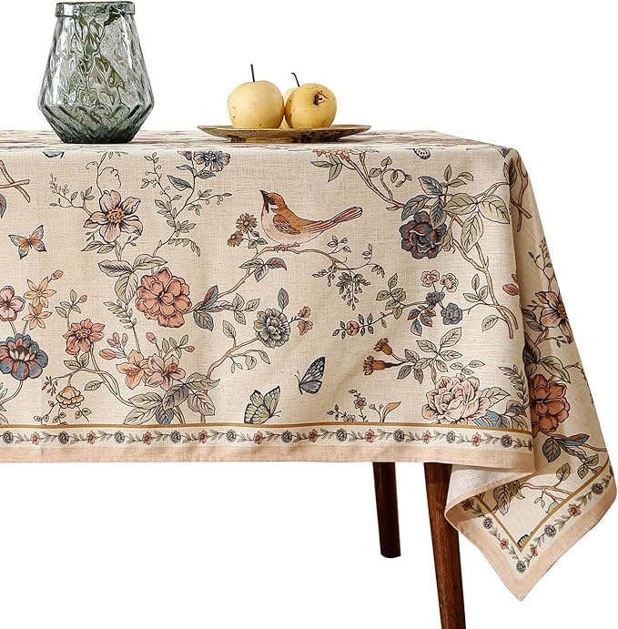 ISAENNE Designer French Light Beige Long Tablecloth Rectangle,Linen Florals and Birds Pattern Table Cloth,Anti-Wrinkle Decorative Tablecloths for Dining Thanksgiving Kitchen,63"*102"-Cornucopia