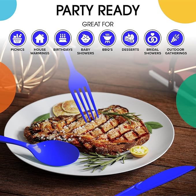 Party Solids Dark Blue Plastic Silverware Heavy Duty 150 Pieces Dark Blue Plastic Cutlery Sets, Utensil Sets, 50 Of Each Forks, Knives & Spoons Disposable Cutlery Set, Flatware Set For Party Supplies
