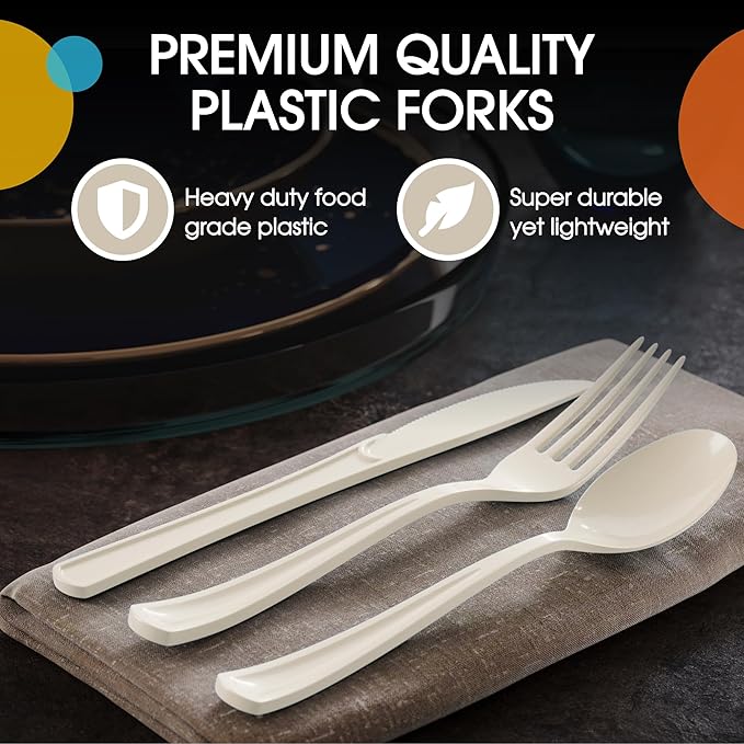 Party Solids Ivory Plastic Silverware Heavy Duty 150 Pieces Ivory Plastic Cutlery Sets, Utensil Sets, 50 Of Each Forks, Knives & Spoons Disposable Cutlery Set, Flatware Set For Party Supplies