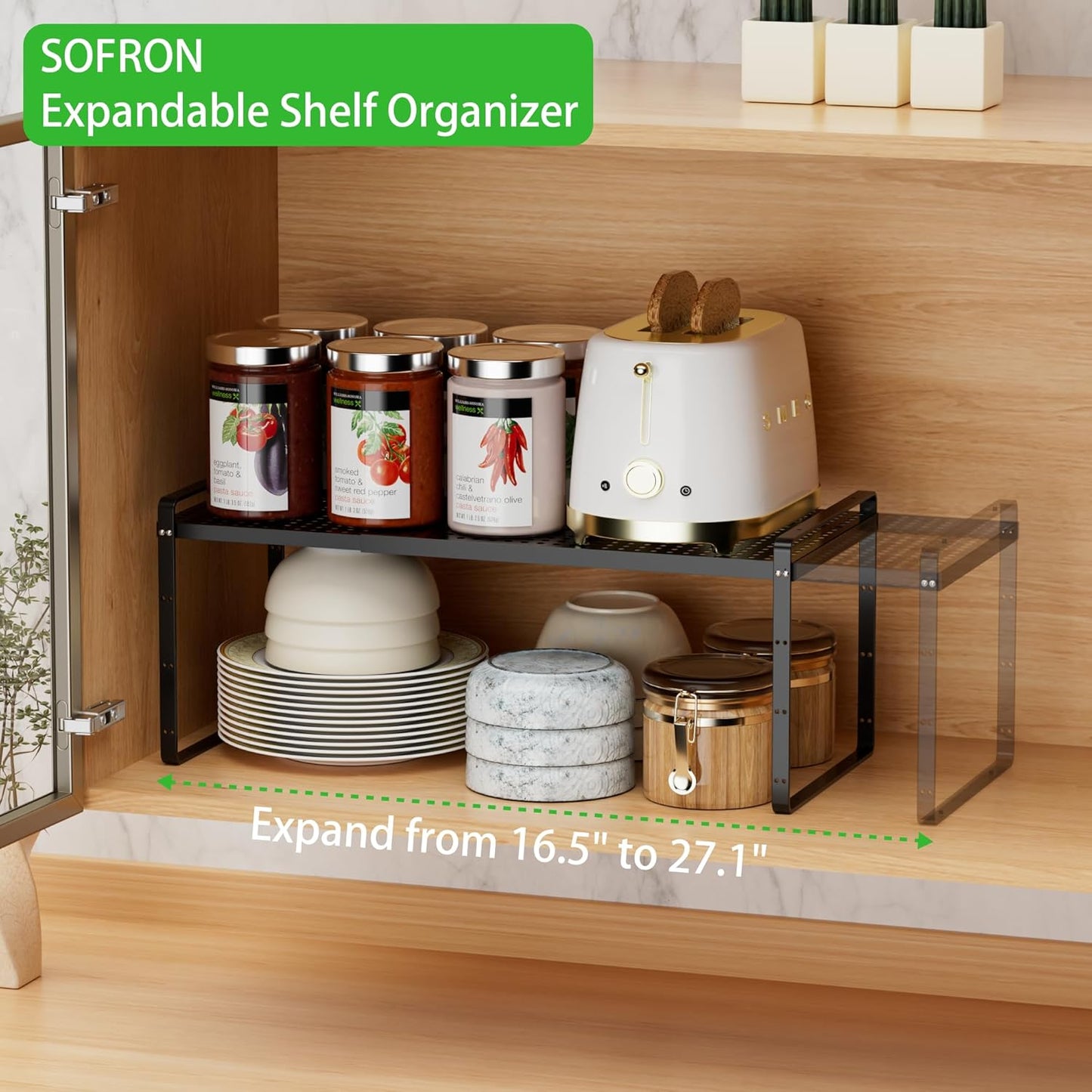 Expandable Cabinet Storage Shelf Stackable Organizer Rack for Kitchen Bathroom Pantry Spice Cupboard Coffee Countertop Home Office Desk Heavy Duty Nonslip Black Small 2 Packs