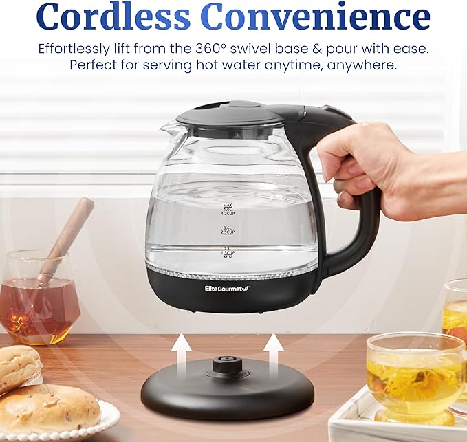 Elite Gourmet EKT1001 Electric 1.0L BPA-Free 1100W Glass Kettle Cordless 360° Base, Stylish Blue LED Interior, Handy Auto Shut-Off Function – Quickly Boil Water For Tea & More, Black