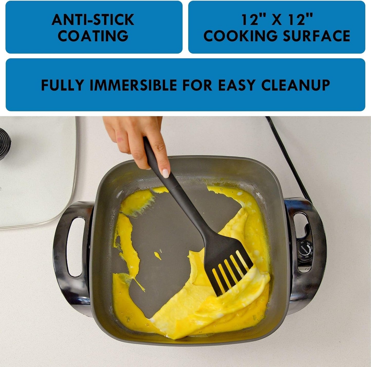 Kenmore Electric Skillet - Nonstick Frying Pan With Removable Glass Lid, Grill, Saute, Roast Chicken, Cook Pancake, 12x12" Temperature Control Easy Clean Countertop Kitchen Appliance