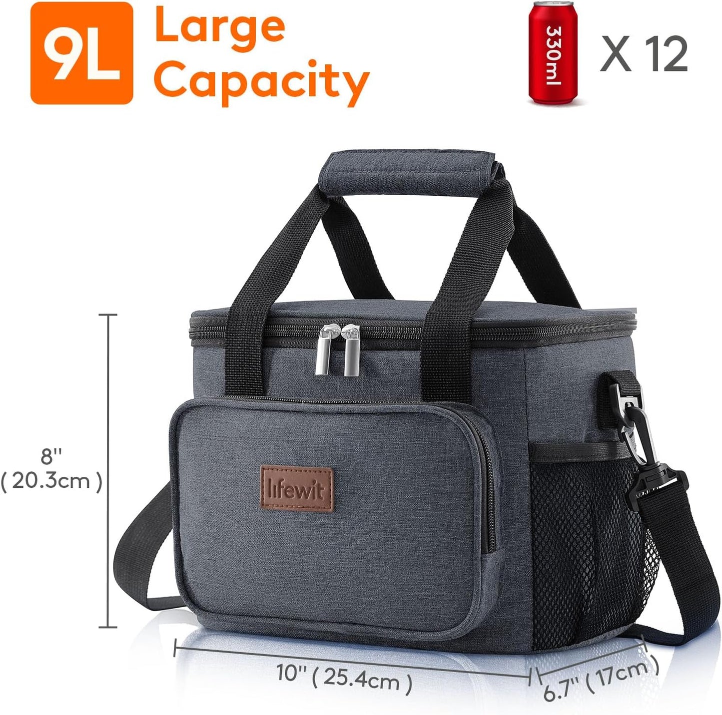 Lifewit Medium Lunch Bag Insulated Lunch Box Soft Cooler Cooling Tote for Adult Men Women, Dark Gray 12-Can (9L)