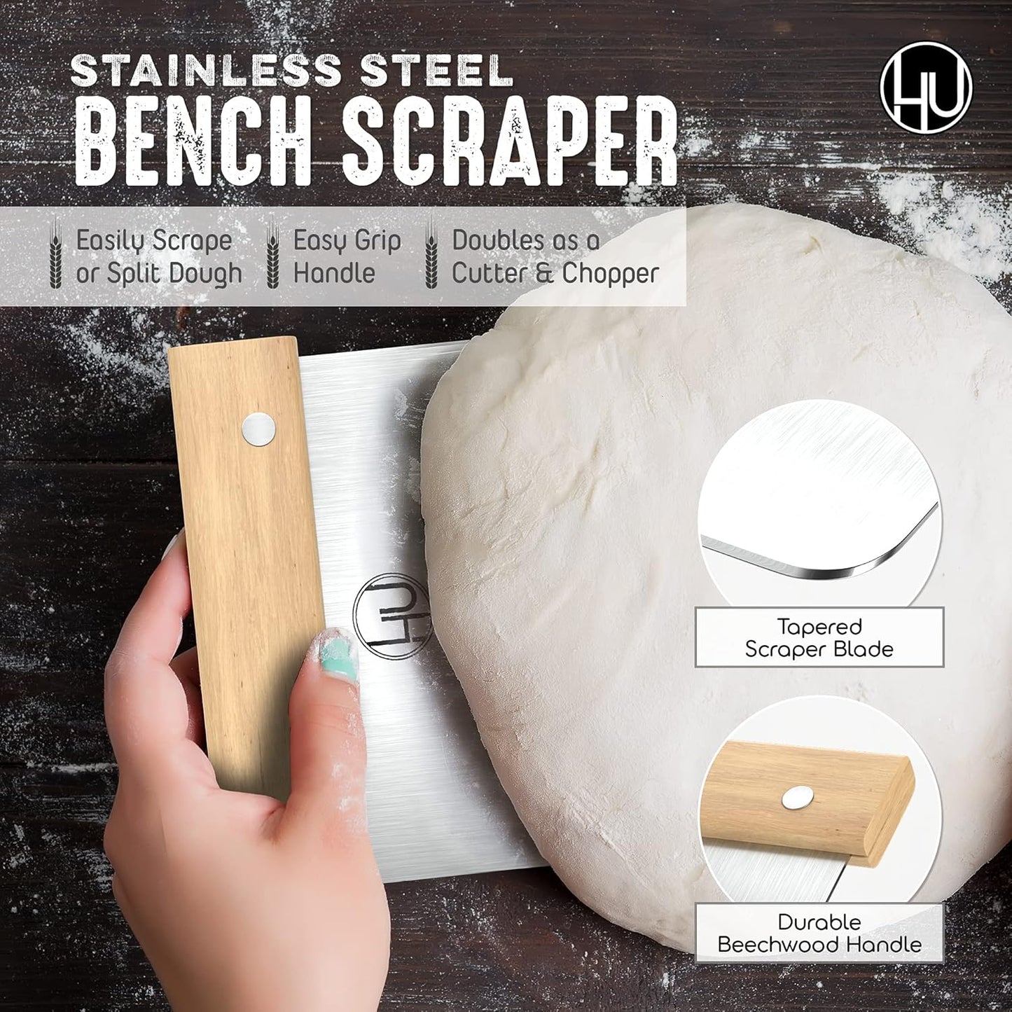 LHU Bread Making Tools and Supplies - Set of 3 - Danish Dough Whisk, Bread Lame, Bench Scraper - Dough Hook with Bread Scraper, Lame Bread Tool, Blades - Great for Baking Sourdough, Pizza, Pastry