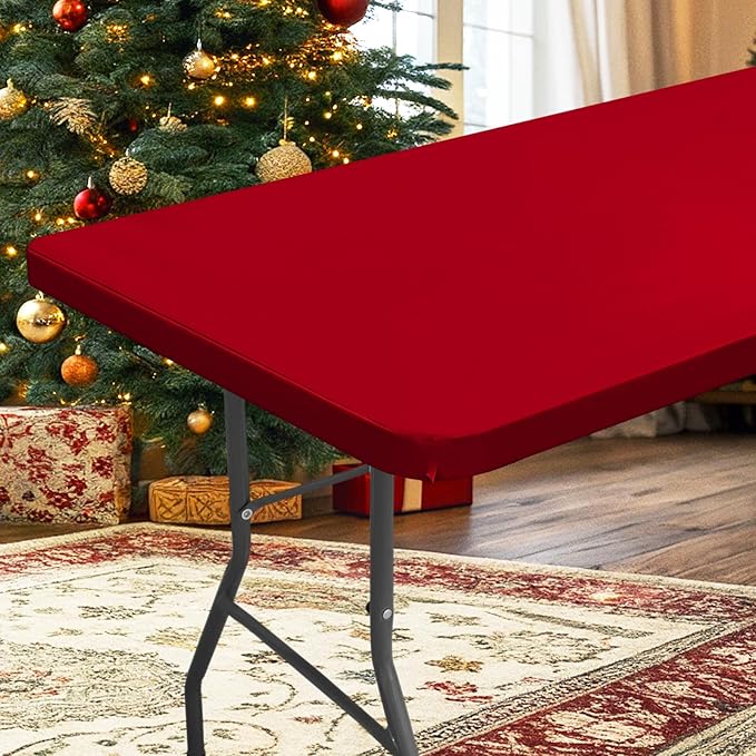 homing Rectangle Table Cloth Cover, Waterproof Polyester Elastic Fitted Tablecloth, Fits for 8 Foot Folding Tables, Washable Table Protector for Christmas, Holiday, Party (Red, 30" x 96")